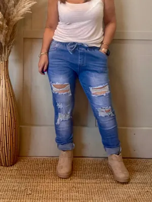 BoyFriend Elastic waist Light denim magic Ripped Jeans With Pockets