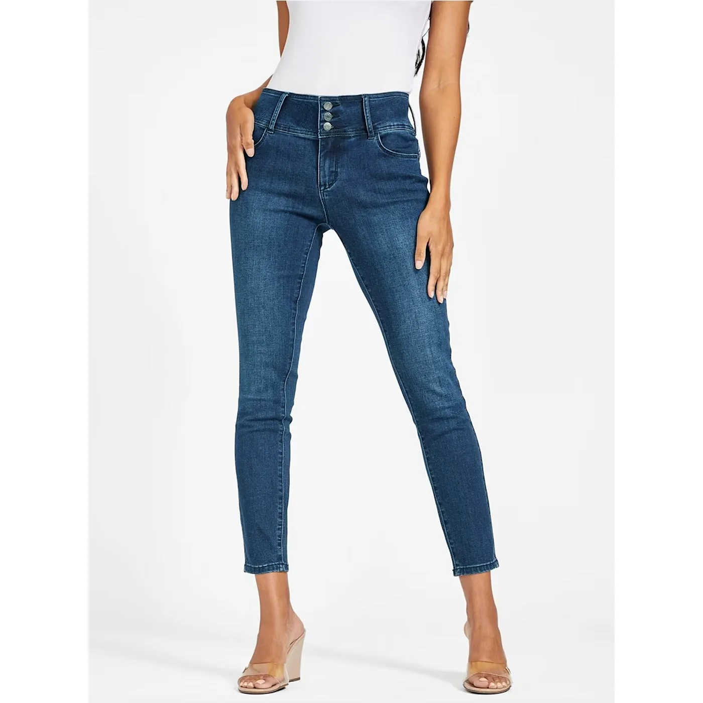 Dark Blue 3 Button Mid Rise Skinny Jeans