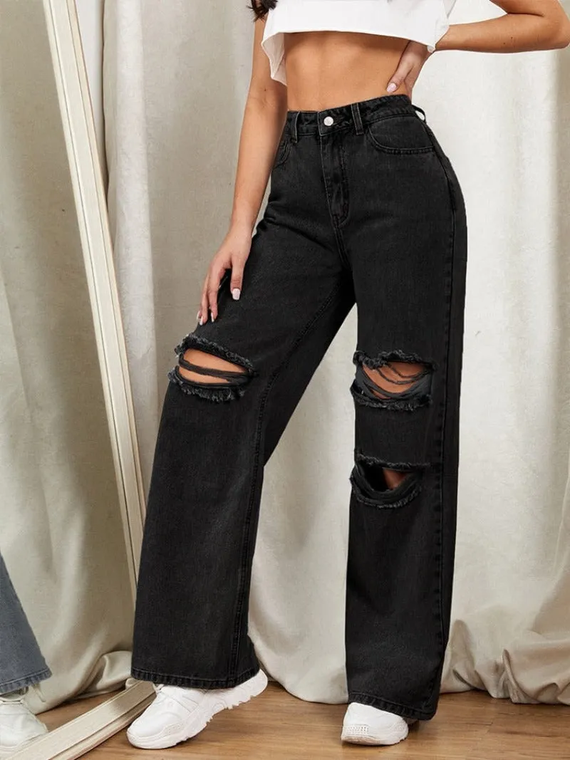 Hole Washed Wide Leg Jeans