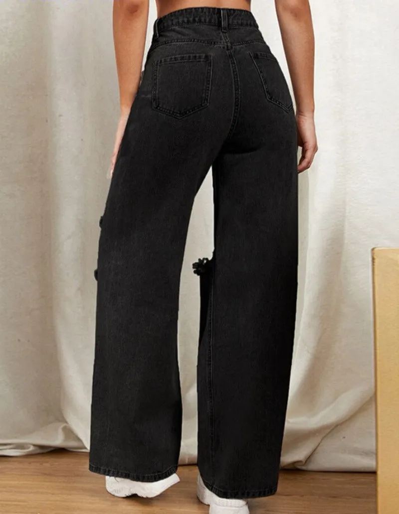 Hole Washed Wide Leg Jeans