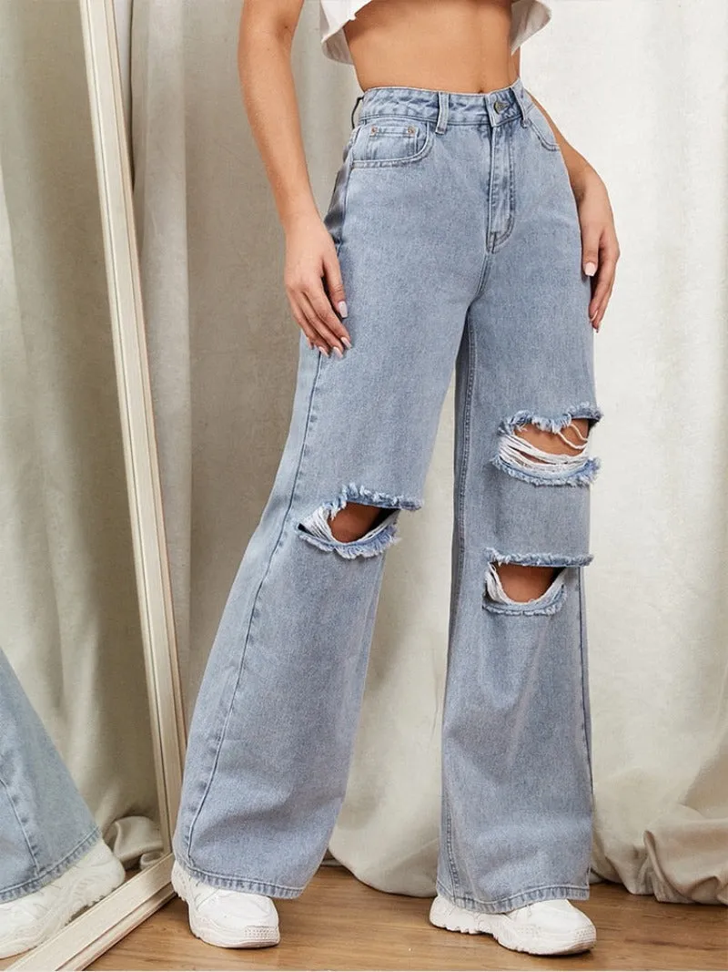 Hole Washed Wide Leg Jeans