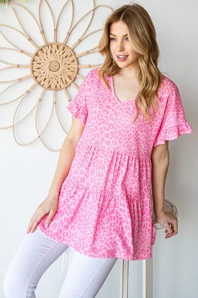 Pink Leopard Ruffle Trim Short Sleeve Top (Online Exclusive)