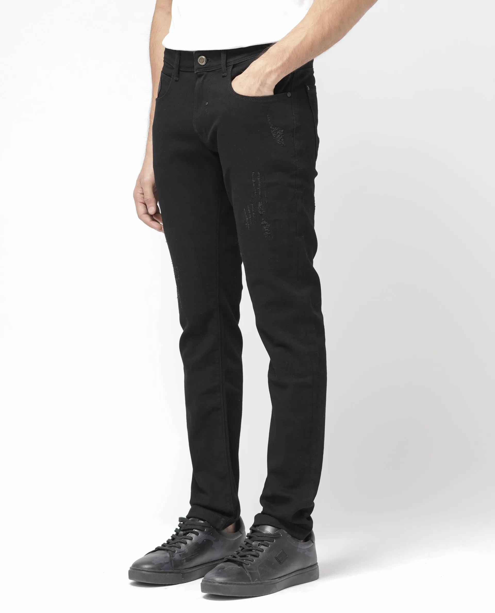 Rare Rabbit Mens Astro Black Cotton Mid Rise Elastane Solid Slim Fit Jeans