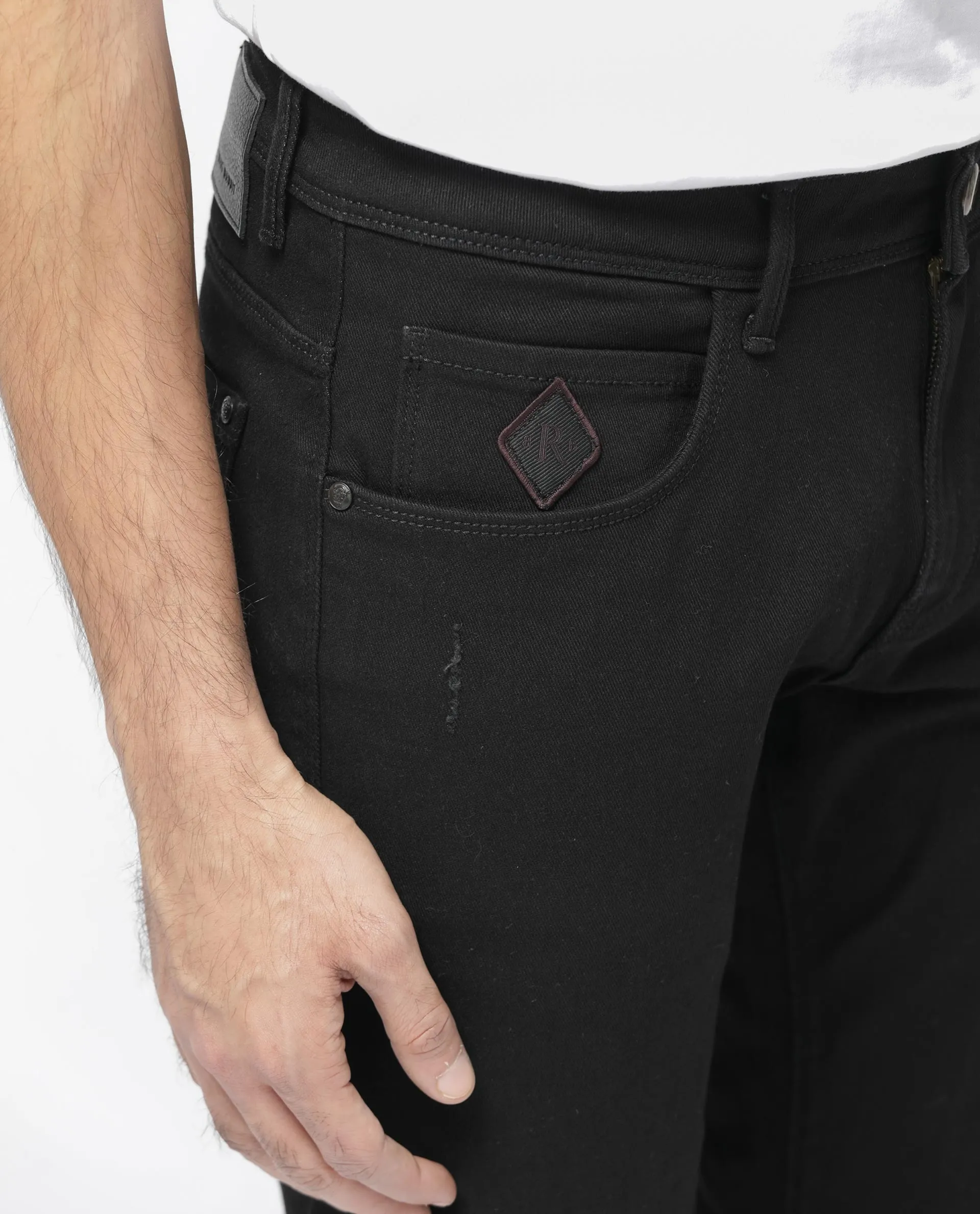 Rare Rabbit Mens Astro Black Cotton Mid Rise Elastane Solid Slim Fit Jeans