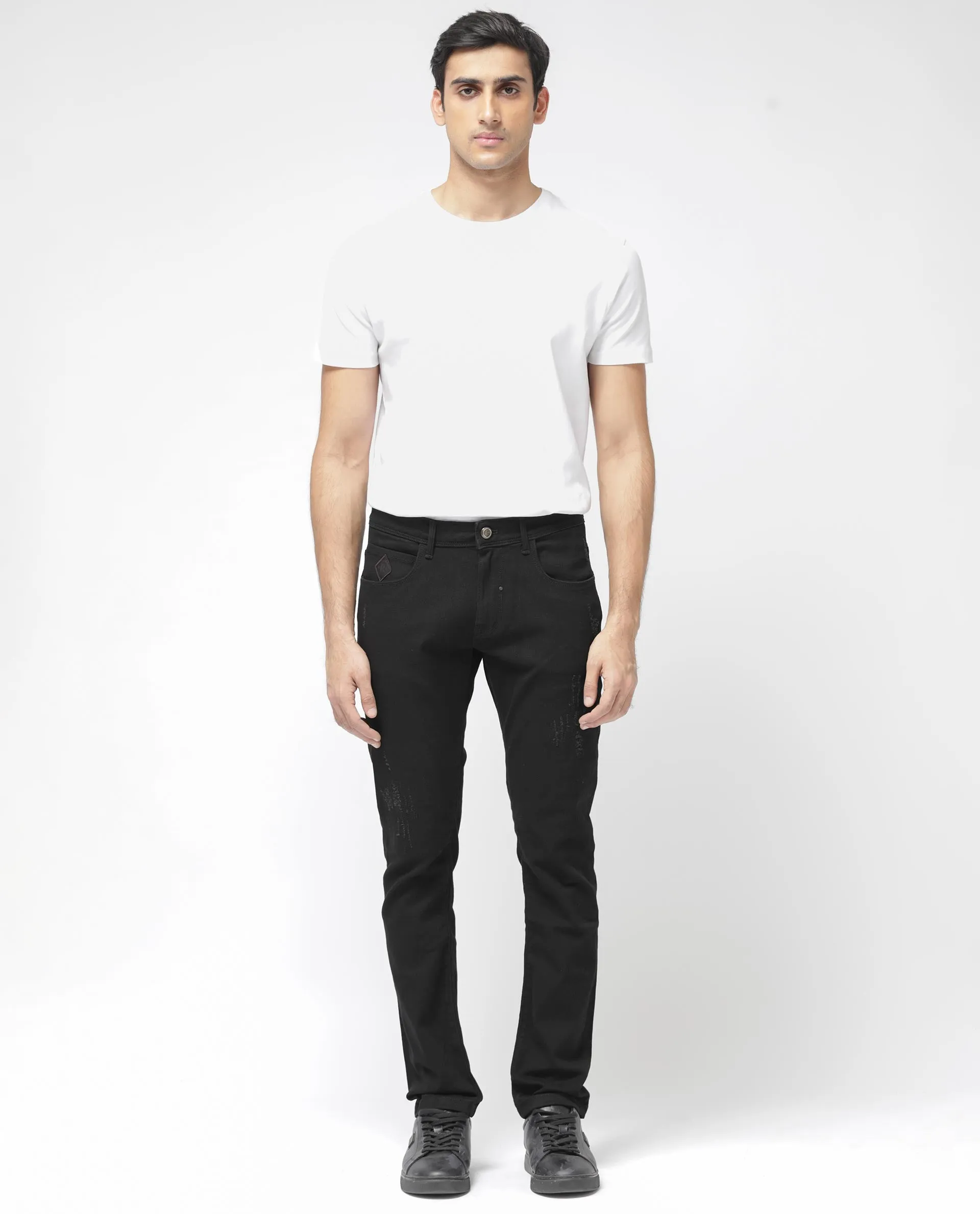 Rare Rabbit Mens Astro Black Cotton Mid Rise Elastane Solid Slim Fit Jeans