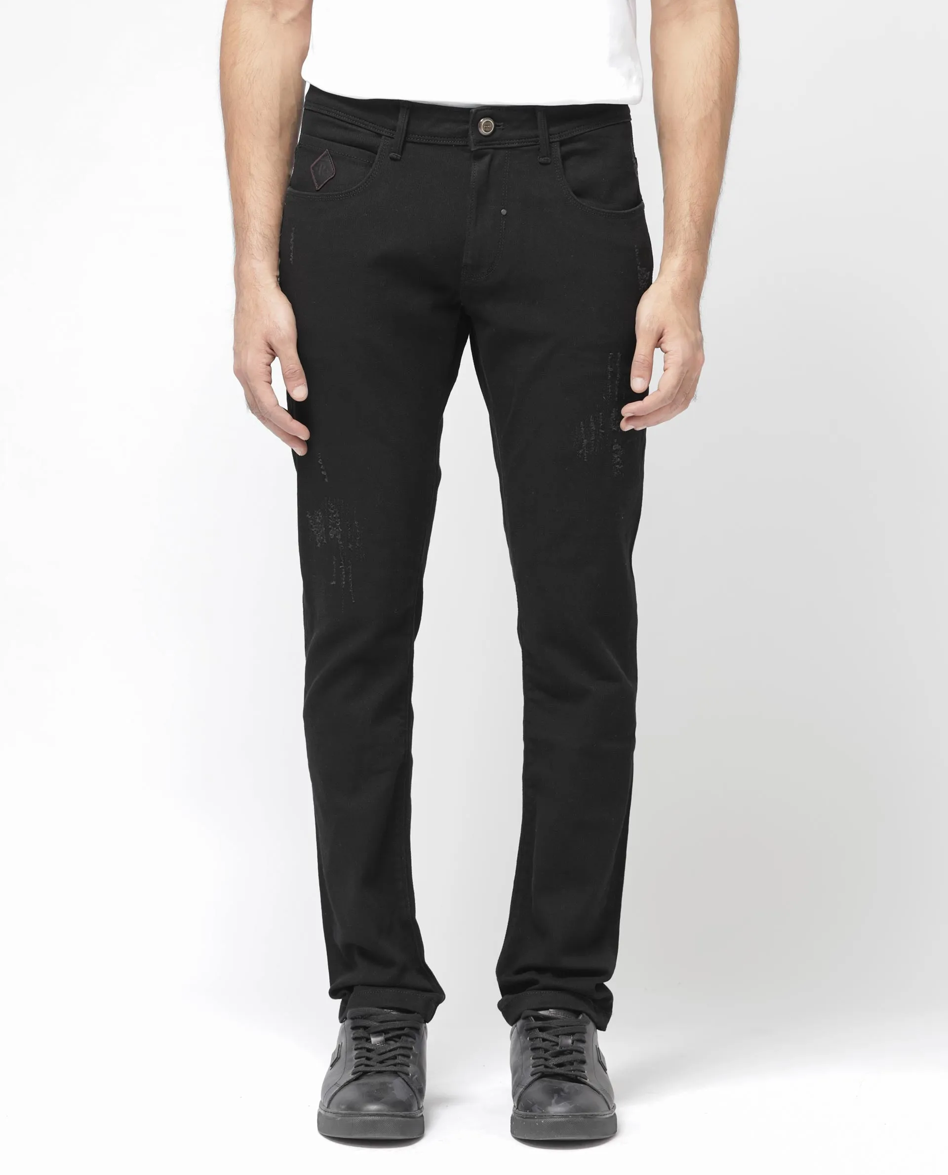 Rare Rabbit Mens Astro Black Cotton Mid Rise Elastane Solid Slim Fit Jeans