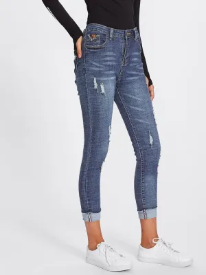 Roll Up Hem Ripped Jeans