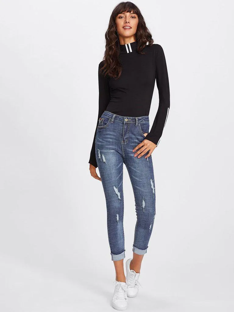 Roll Up Hem Ripped Jeans