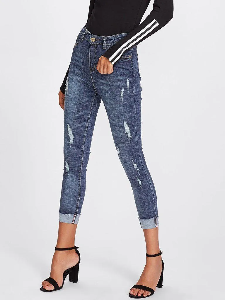 Roll Up Hem Ripped Jeans