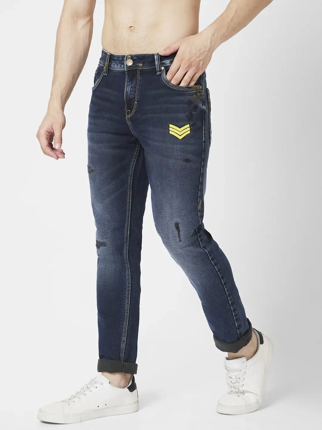 Spykar Men Dark Blue Cotton Slim Fit Narrow Length Mild Distressed Low Rise Jeans (Skinny)