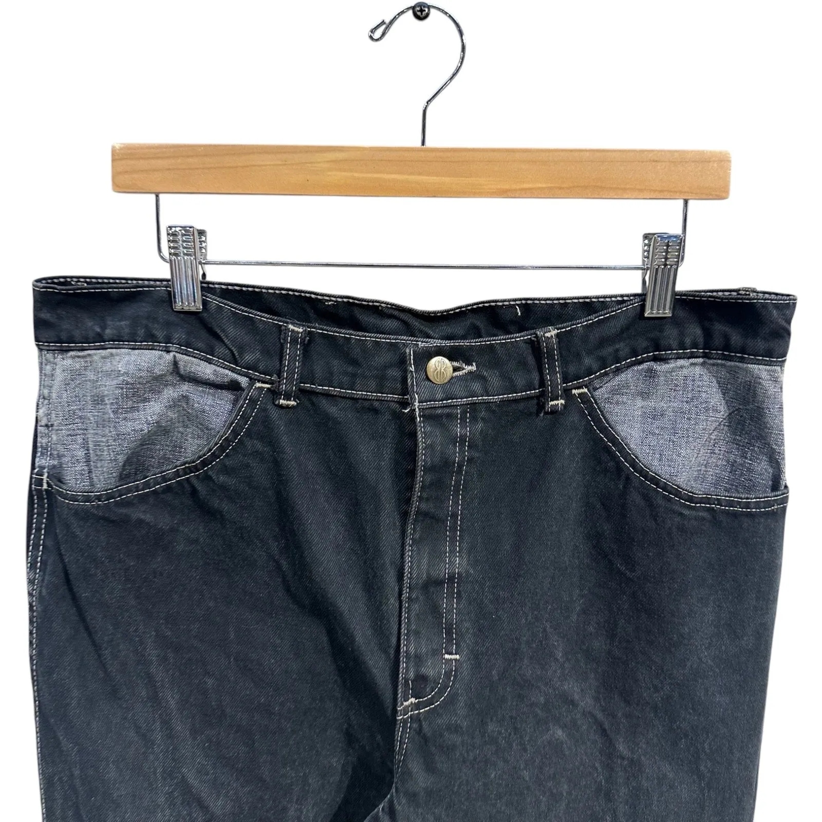 Vintage Contrast Waist Straight Leg Denim Jeans 34 x 32